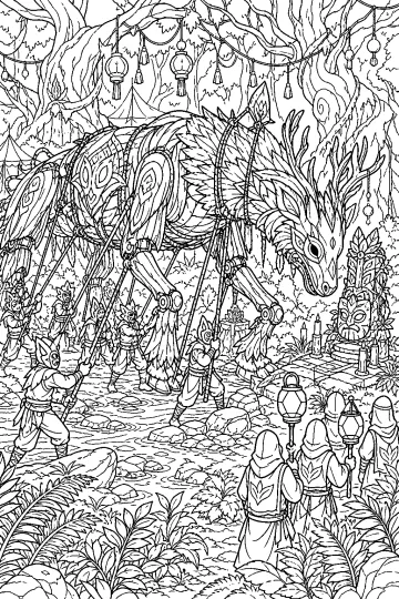 Grande marionnette en forme d'oiseau avec des ailes, manipulée par des personnages masqués dans une forêt illuminée de lanternes.