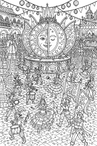 Carro di Carnevale con sole e luna disegno da colorare PDF gratis