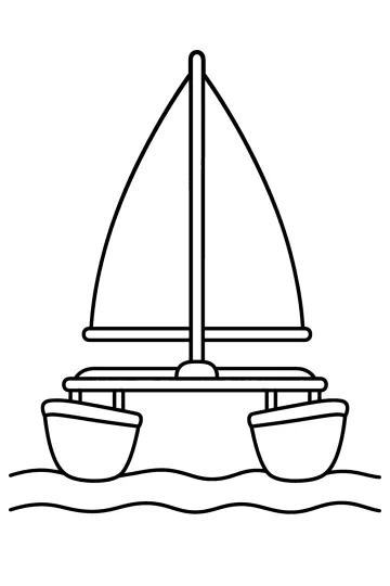Dibujo para colorear de un catamarán de vela visto de frente sobre olas