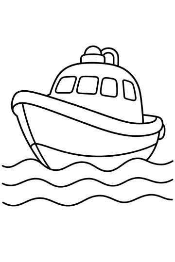 Disegno da colorare di una barca a motore con cabina e finestrini sulle onde