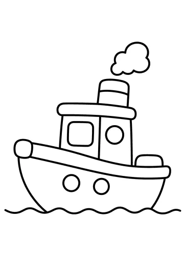 Disegno da colorare di un piccolo rimorchiatore con cabina, fumaiolo, nuvola e onde