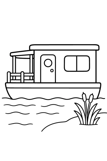 Disegno da colorare di una casa galleggiante con veranda, porta, finestre, onde e canne sulla riva.