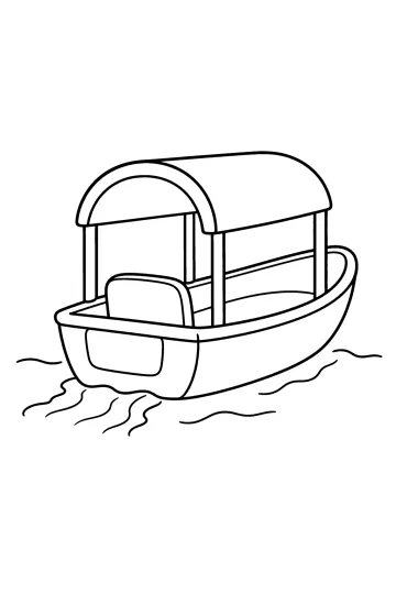 Coloring page of a boat with a curved canopy, a bench and waves on the water