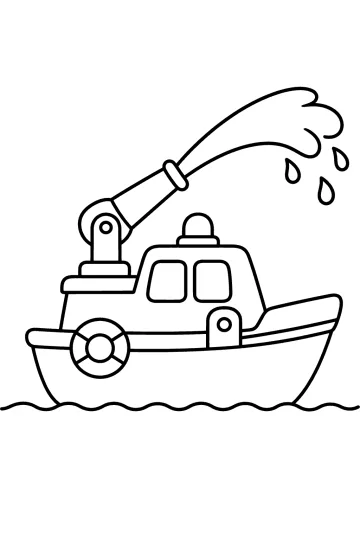 Feuerwehrboot mit Kabine, Wasserwerfer, Wasserstrahl und Wellen