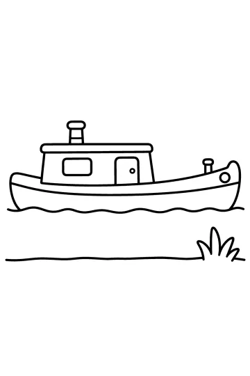 Dibujo para colorear de un barco largo con cabina y chimenea sobre las olas, junto a una orilla con hierba.
