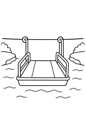 Coloring page of a cable ferry between two riverbanks, with railings and waves in the water.