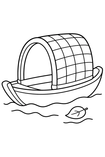 Disegno da colorare di un sampan con tetto curvo sull'acqua e una foglia galleggiante