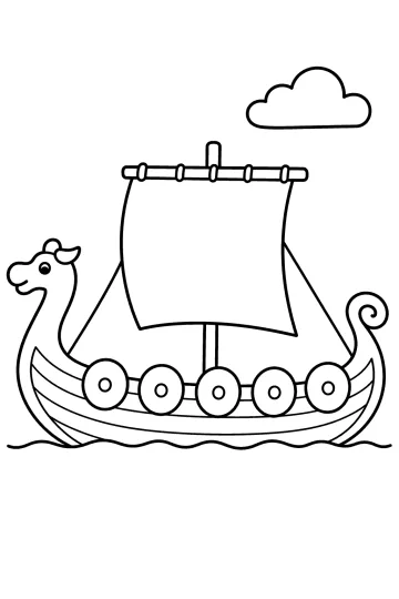 Coloring page of a Viking longship with a sail, round shields, waves, and a cloud
