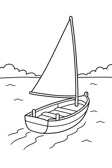 Voilier avec une grande voile triangulaire sur les vagues devant un rivage lointain