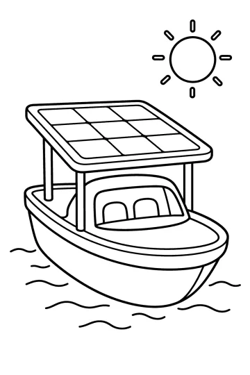 Tekening van een boot met een groot zonnepaneel op het dak, zon en golven