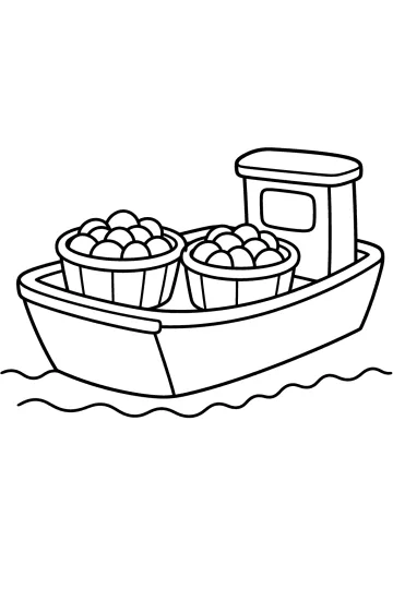 Kleurplaat van een boot met een kajuit, twee grote manden met ronde vormen en golven.