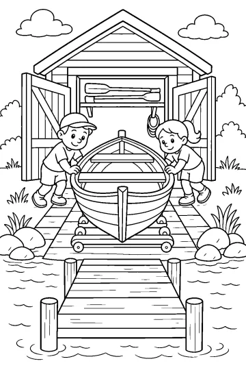 Kleurplaat van een boot op een trailer voor een boothuis, met twee kinderen op een steiger.