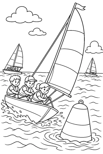 Barca a vela con bambini a bordo vicino a una boa sul mare
