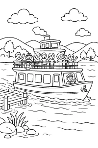 Traghetto con passeggeri sul lago disegno da colorare PDF gratis