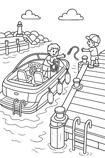 Dibujo para colorear de una lancha junto a un muelle con dos niños, una cuerda, defensas y bolardos.