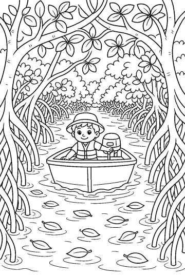 Bambino su una piccola barca con motore in un canale tra le radici delle mangrovie