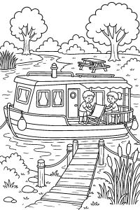 Casa galleggiante con bambini e pontile disegno da colorare PDF gratis