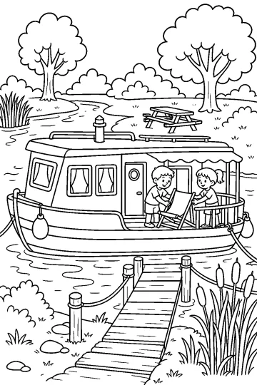 Coloriage d'une péniche amarrée avec deux enfants sur la terrasse et un ponton en bois au premier plan.