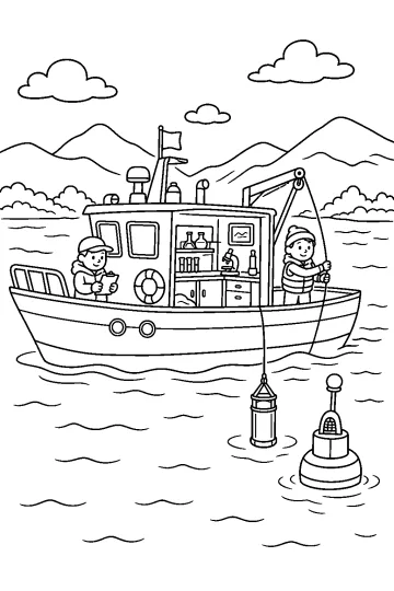 Disegno da colorare di una barca di ricerca con laboratorio, persone a bordo, campionatore nell’acqua e boa.