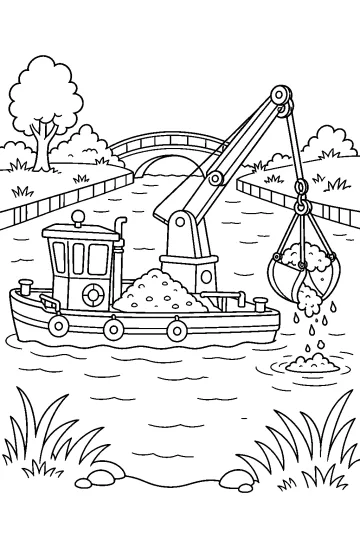 Ausmalbild eines Baggerschiffs mit großer Hängeschaufel in einem Kanal, mit Brücke und Bäumen im Hintergrund.