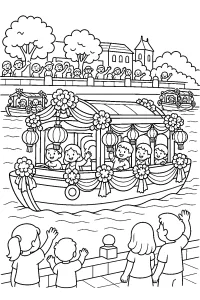 Barca decorata alla parata sul fiume disegno da colorare PDF gratis