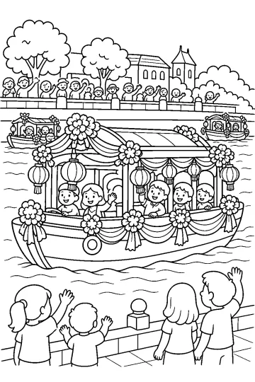 Bateau décoré de fleurs, de guirlandes et de lanternes lors d'un défilé sur la rivière