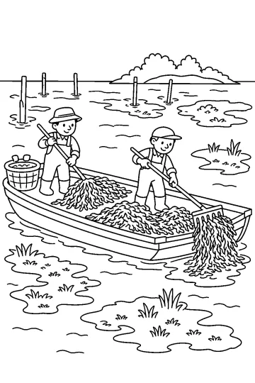 Due lavoratori su una barca raccolgono alghe con lunghi rastrelli in una laguna con piante acquatiche.