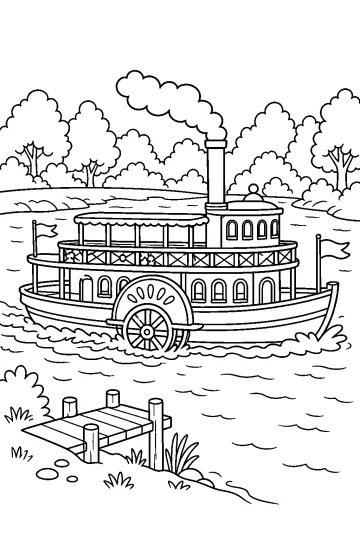 Barca a vapore con grande ruota laterale sul fiume, alberi e pontile sulla riva