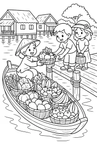 Barca del mercato galleggiante da colorare disegno da colorare PDF gratis