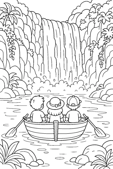 Bateau vu de dos avec des enfants devant une grande cascade entre des rochers et des plantes tropicales
