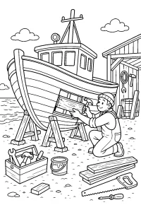 Barca da pesca in riparazione sulla spiaggia disegno da colorare PDF gratis
