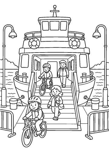 Dibujo de un ferri atracado con rampa, personas y bicicletas