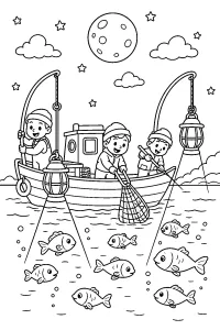 Barca da pesca notturna con lanterne disegno da colorare PDF gratis