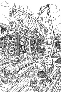 Cantiere di una barca a vela in legno disegno da colorare PDF gratis
