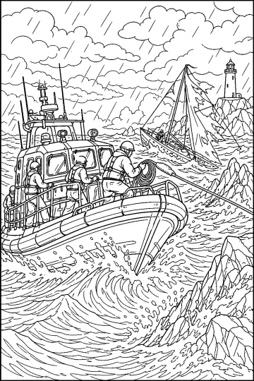 Rescue boat with crew in high waves, facing a damaged sailboat near a lighthouse