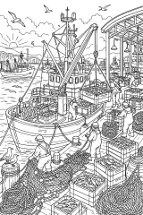 Porto peschereccio con barca e reti disegno da colorare PDF gratis
