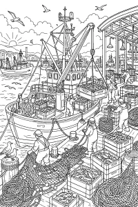 Porto peschereccio con barca e reti disegno da colorare PDF gratis