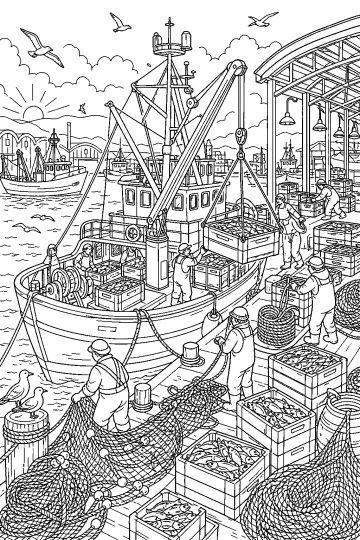 Disegno da colorare di una barca da pesca in porto con pescatori, reti, cassette di pesce, gru e gabbiani.