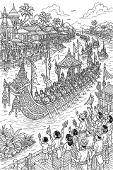 Processione di barche sul fiume disegno da colorare PDF gratis