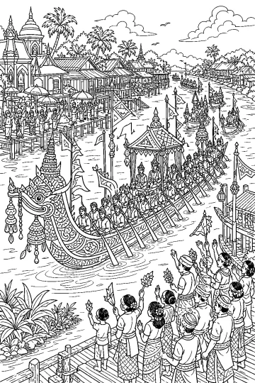 Grande barca cerimoniale con rematori e baldacchino durante una processione sul fiume, con folla sui pontili.