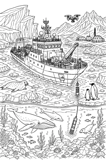 Barco científico con grúa y sonda submarina en una laguna helada, rodeado de icebergs, montañas, pingüinos, focas y animales marinos.