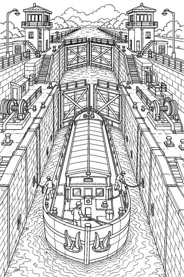 Chiatta in una chiusa industriale con grandi cancelli, pareti in muratura, scale, passerelle e argani
