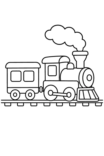 Disegno da colorare di un treno a vapore con vagone, ruote grandi, fumo e binario.