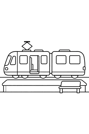 Disegno da colorare di un treno elettrico alla stazione con porta aperta, banchina e panchina