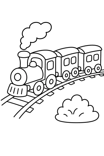 Disegno da colorare di un trenino con carrozze su binari curvi, una nuvola e un cespuglio.