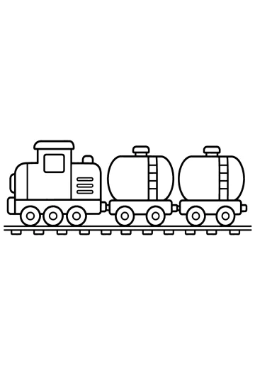 Zeichnung einer Lokomotive mit zwei runden Kesselwagen auf Schienen