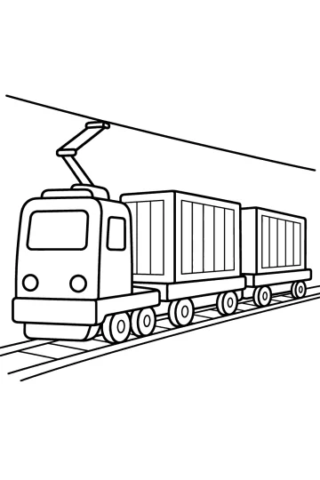 Desenho para colorir de um trem de carga elétrico com dois vagões contentores nos trilhos e fio aéreo