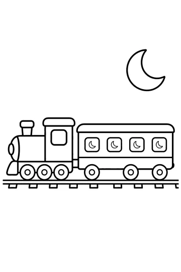 Disegno di un treno con locomotiva e lungo vagone sui binari sotto una luna crescente.