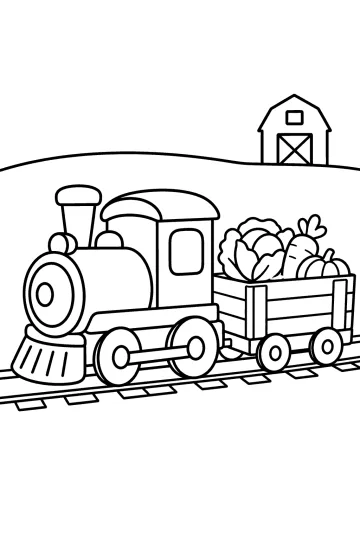 Trenino su binari con un vagone pieno di verdure e una fattoria sullo sfondo