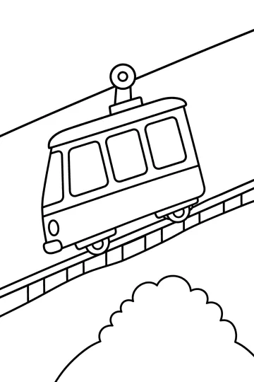 Disegno di una funicolare su binari molto ripidi con un cavo e un cespuglio sulla collina
